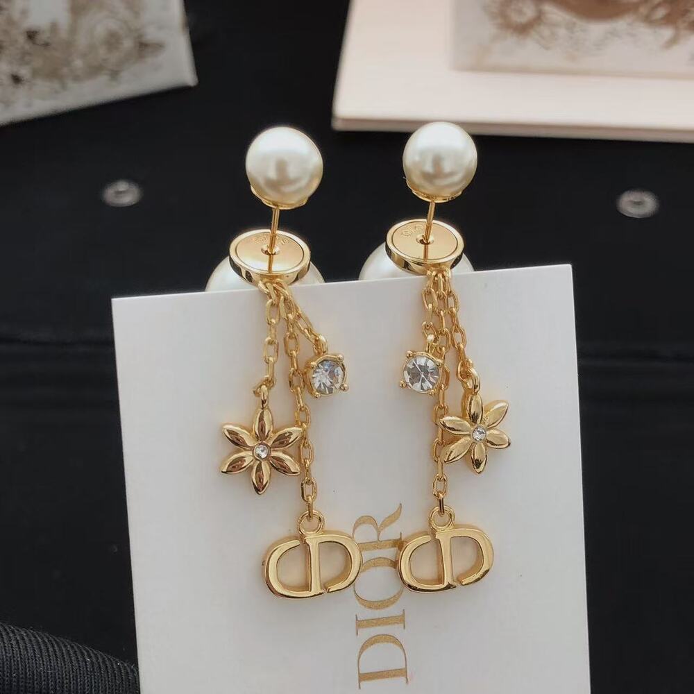 Dior Gold Tone Pearl Star Logo Chain Drop Dangle Earrings